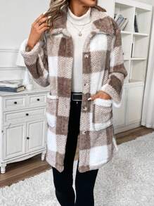 SHEIN Frenchy 女式格紋毛絨常規夾克 - 杏色 - 查看 3