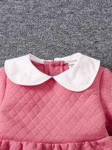 SHEIN Little Girls' Pink Long Sleeve Diamond Checkered Thickened Dress With Interlining For Autumn And Winter - Pink - View 5