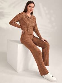 Seusyu Cable Knit Hooded Sweater & Knit Pants - Yellow - View 1