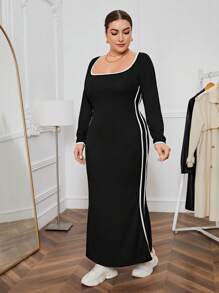 SHEIN Essnce 大碼撞色滾邊方領洋裝 - 黑色 - 查看 1