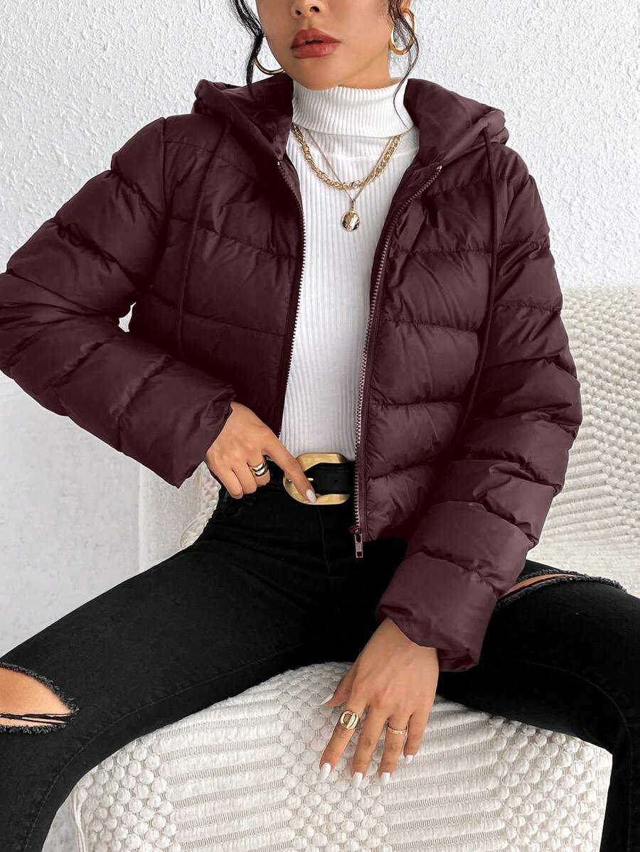 SHEIN Frenchy Áo khoác trùm đầu có dây rút có khóa kéo - Màu Đỏ Sâu - Xem 1