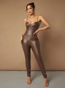 SHEIN Allurite Ladies Solid Color Bustier Jumpsuit - Coffee Brown - View 1