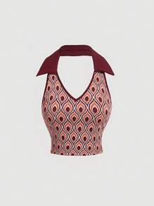 SHEIN MOD 滿版印花掛脖上衣 - 酒紅色 - 查看 1