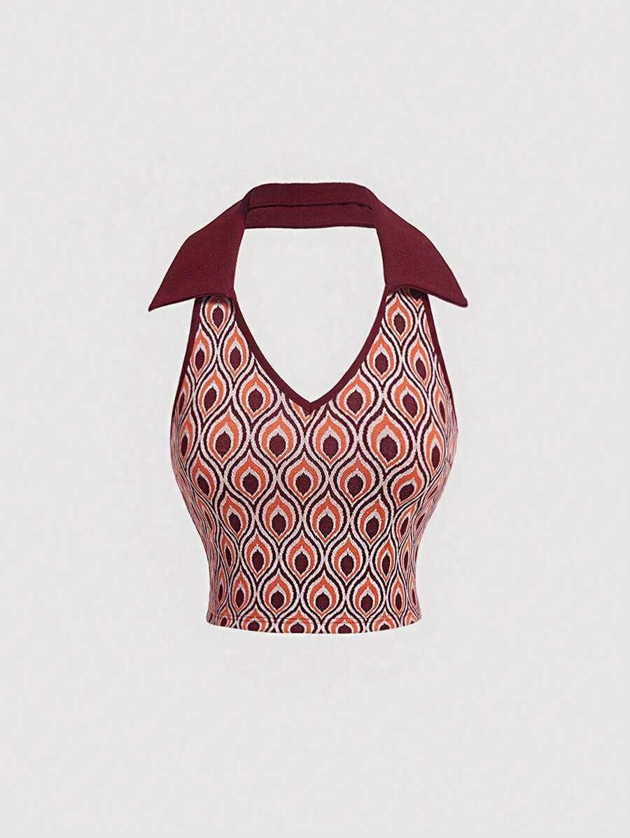 SHEIN MOD 滿版印花掛脖上衣 - 酒紅色 - 查看 1