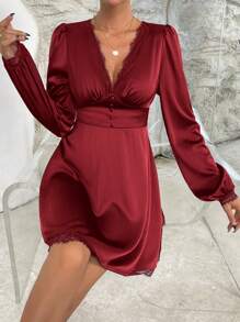 SHEIN Privé Ren tương phản Sâu v cổ Tay áo lồng đèn Đầm - Đỏ - Xem 4