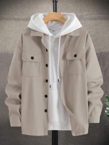 Manfinity Homme Nam Màu thuần Ngắn Lỏng lẻo Áo khoác Với Cổ bẻ , Mặt trước Nút & Túi - Màu be - Xem 2