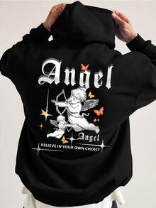 Manfinity EMRG Men's Hoodie With Printed Slogan And Angel Pattern - Black - View 4
