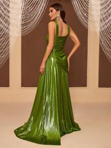 SHEIN Belle 女士不对称涂层面料、褶皱正式晚礼服 - 綠色 - 查看 5