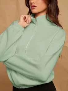 SHEIN EZwear Half Zip Drop Shoulder Sweatshirt - Mint Green - View 3