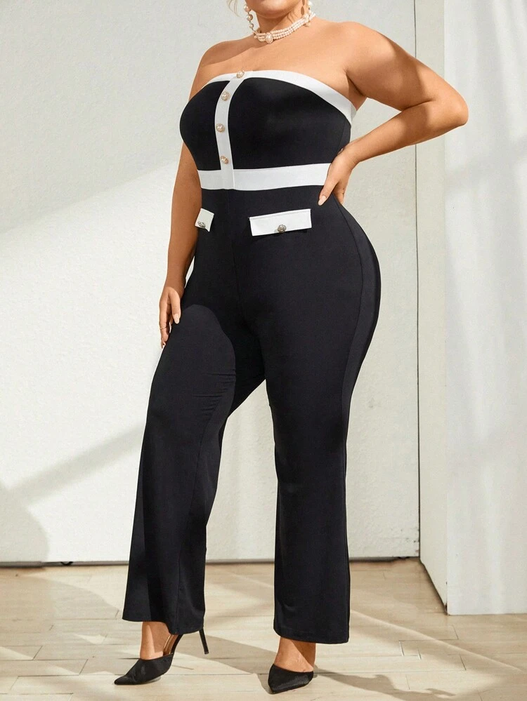 Plus Contrast Trim Button Detail Tube Jumpsuit Without Gloves