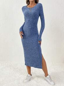 SHEIN Frenchy Ribbed Knit Split Thigh Bodycon Dress Winter Casual Blue Spring - Royal Blue - View 3