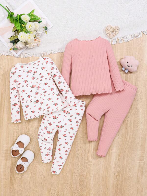 Baby Girls' Casual Knitted Floral Print Long Sleeve Top And Pants 4pcs-Set
