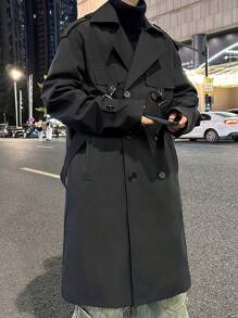 Manfinity Hypemode Men'S Solid Color Buckles Tape Double-Breasted Trench Coat - Black - View 7