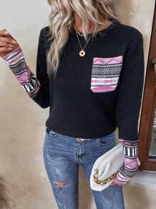 SHEIN LUNE 幾何圖案補丁貼口袋套頭毛衣 - 黑色 - 查看 4