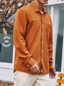 Manfinity Homme Men Plus Solid Corduroy Shacket Without Tee - Rust Brown - View 6