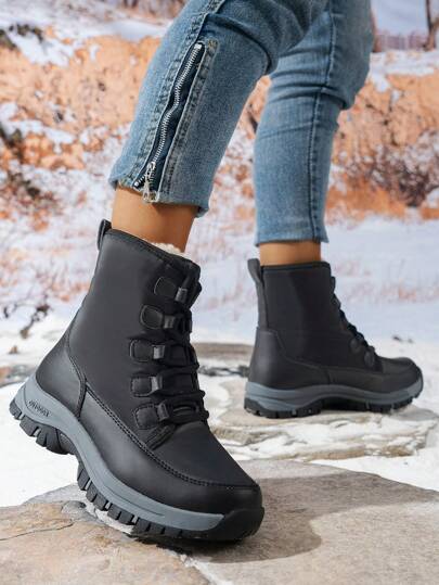 Women's Warm Short Boots For Winter, Rubber Anti-slip Outdoor Hiking Shoes, Lace-up Waterproof Wear-resistant Trekking Boots