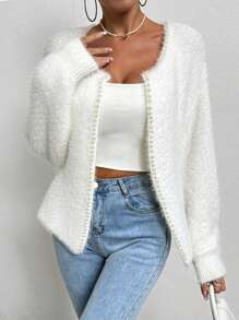 SHEIN LUNE Pearls Beaded Drop Shoulder Fuzzy Duster Cardigan Fall Winter Cloth For Women - White - View 1