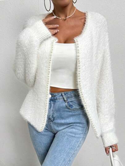 SHEIN LUNE Pearls Beaded Drop Shoulder Fuzzy Duster Cardigan Fall Winter Cloth For Women
