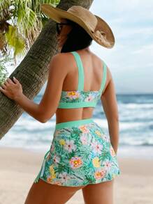 Swim Lushoire Conjunto de bikini con estampado tropical y cordón ajustable para la playa, con falda de playa