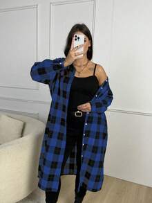 SHEIN LUNE 大碼女性格紋長款襯衫