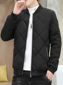 Men's New Varsity Collar Diamond Pattern Quilted Jacket, For Fall Winter