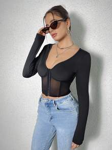 SHEIN SXY Vá lại Không lưng Lưới trong suốt Tay áo dài Áo Với Móc và mắt Khép kín - màu đen - Xem 3