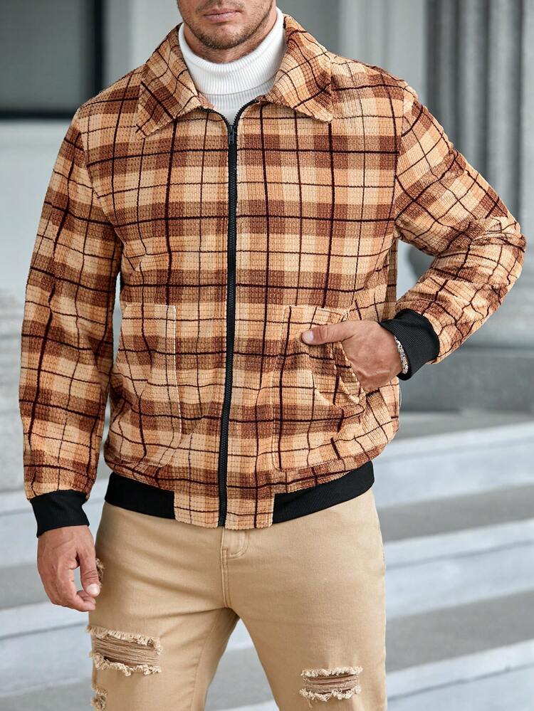 Loose Fit Plus Size Men Plaid Print Zip-Up Jacket, For Fall Winter