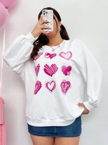 SHEIN Qutie Kích thước lớn Hình trái tim In Thả vai Áo nỉ - trắng - Xem 1