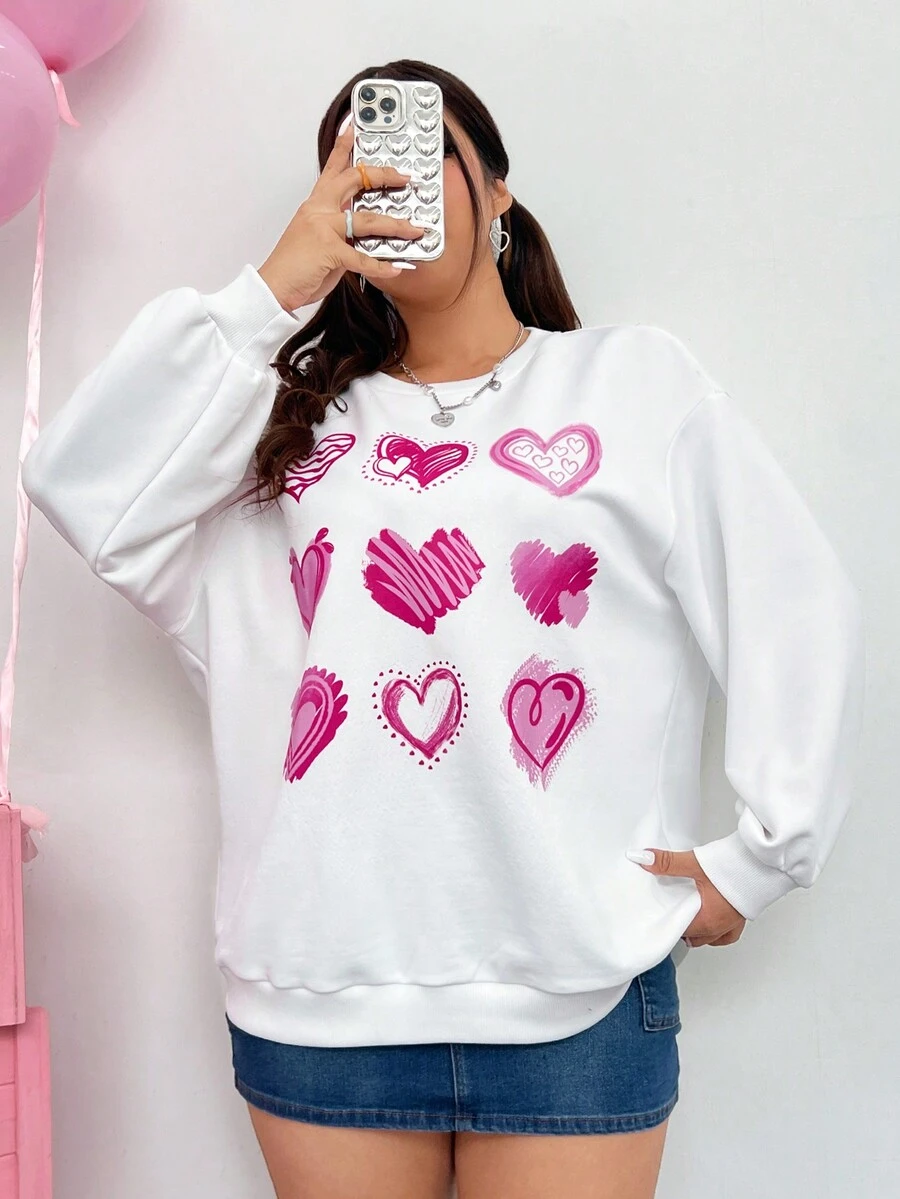 SHEIN Qutie Kích thước lớn Hình trái tim In Thả vai Áo nỉ - trắng - Xem 1