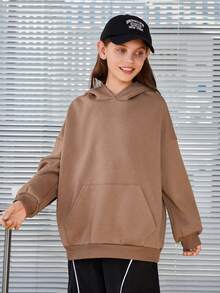 SHEIN Cô gái Tween Lỏng lẻo phù hợp áo có mũ Thả vai Giải trí Áo nỉ Với In thư - Cà phê nâu - Xem 4