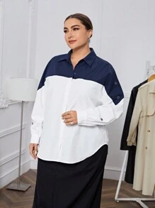 SHEIN Essnce Plus Two Tone Drop Shoulder Shirt - Multicolor - View 4