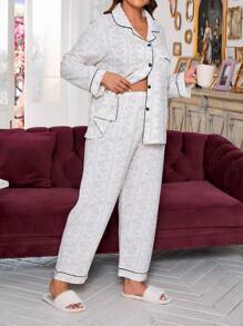 Plus Contrast Piping Satin PJ Set / Pajama Set, Fall Winter Clothes, Cozy Outfit - Beige - View 4