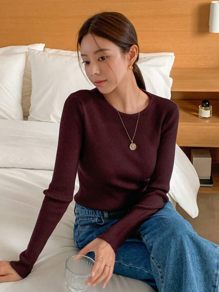 Suéter Casual Slim-Fit de Cor Sólida, Outono Inverno, Tops de Manga Longa, Roupas de Mulher para o Outono - Vinho - Visão 4