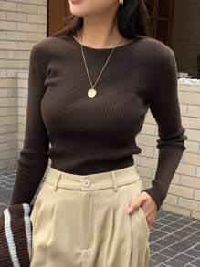 DAZY 女士纯色圆领长袖修身商务休闲套头毛衣秋冬