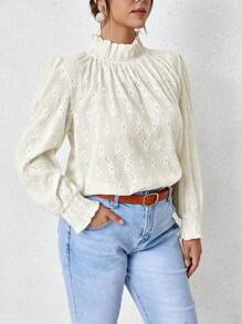 Vionelle Plus Frill Trim Mock Neck Eyelet Embroidery Blouse Fall Cloth For Women - Apricot - View 6