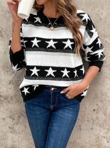 SHEIN Frenchy 星星圖案落肩袖套頭毛衣 - 彩色 - 查看 5