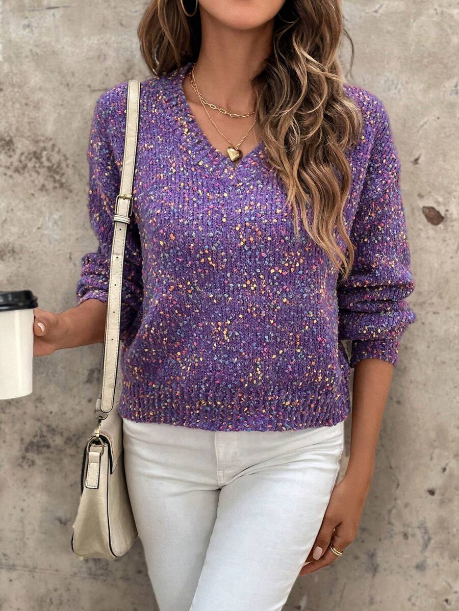 SHEIN Essnce Của phụ nữ Nhiều màu Đốm Đan Cổ chữ V Áo len - Nhiều màu - Xem 1