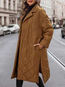 SHEIN Unity Diamond Quilted Pleated Long Padded Coat Clothes Winter With Waist Belt