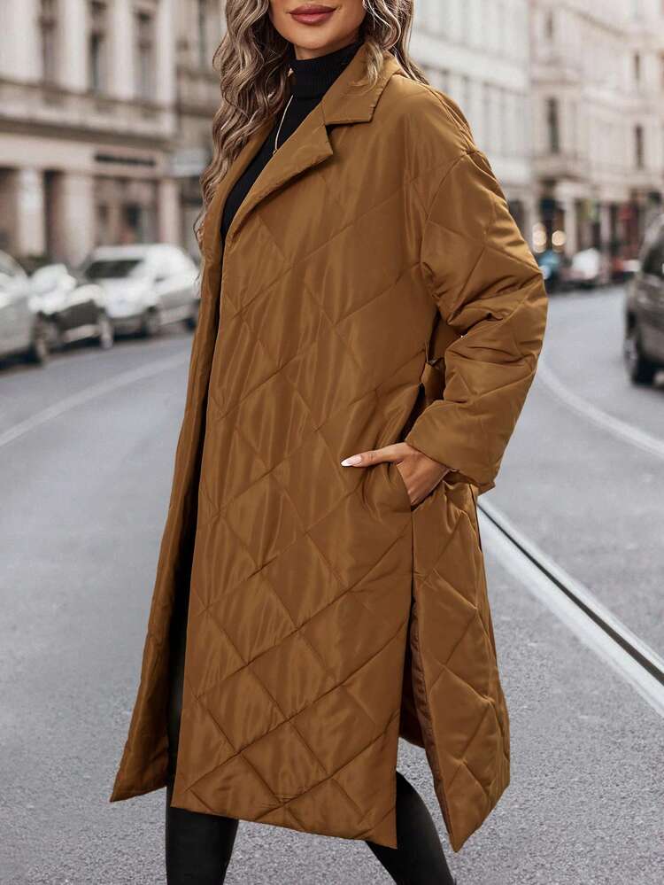 Diamond Quilted Pleated Long Padded Coat Clothes Winter With Waist Belt Fall Cloth For Women