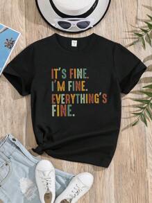 SHEIN Tween Girl Slogan Graphic Tee - Black - View 3