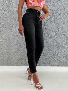SHEIN Cottnline Jeans de ajuste mom de talle alto - Negro - Ver 4