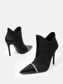 SheIn Belle Rhinestone Decor Point Toe Ankle Boots - Black - View 9