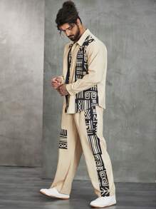 Manfinity Homme Men Plus Printed Turn-Down Collar Shirt And Pants Set - Apricot - View 5