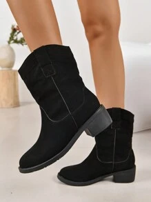 Giày bốt thời trang cao đến bắp chân đơn giản màu đen dành cho nữ Giày bốt thời trang một chân đế thấp - màu đen - Xem 6