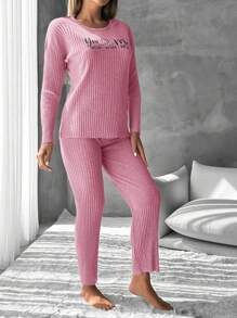 EURMUSE 100%Cotton Women's Text Printed Ribbed Tank Top & Shorts Homewear Set - Pink - View 3