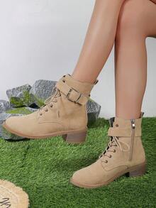 女士麂皮卡其色粗跟韓國風格多用途鞋帶綁腳踝靴和短靴 - 卡其色 - 查看 1