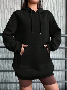 SHEIN Cottnline Ladies Solid Color Fleece Lined Hooded Sweatshirt With Drawstring - Black - View 6