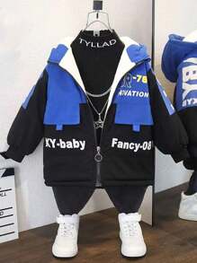 Young Boy Letter Graphic Colorblock Thermal Lined Hooded Coat Without Tee - Khaki - View 1