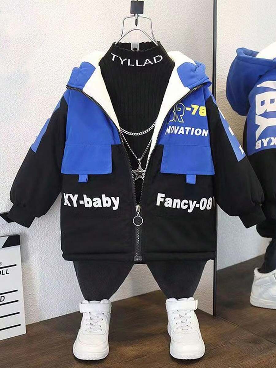 Young Boy Letter Graphic Colorblock Thermal Lined Hooded Coat Without Tee - Khaki - View 1