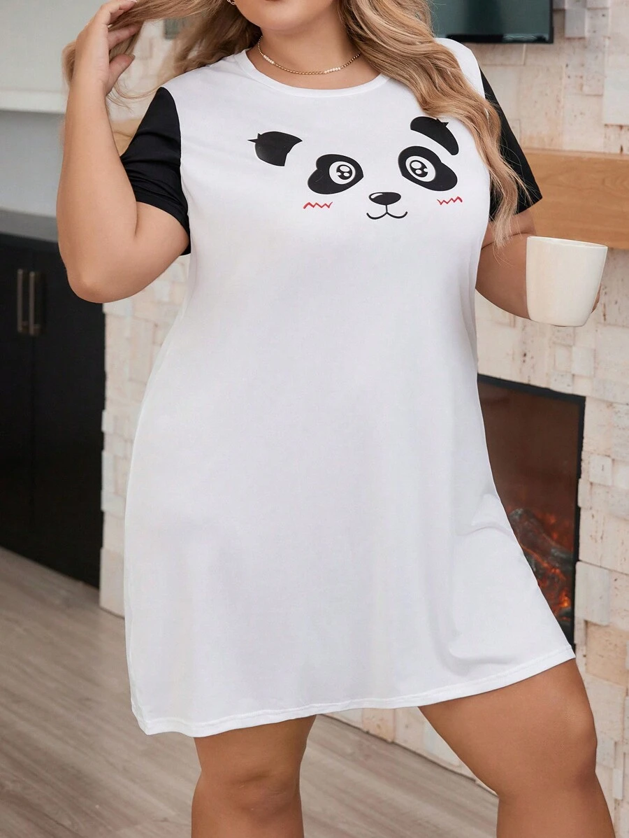 Plus Size Cartoon Printed Short Sleeve Nightdress - Black and White - View 1